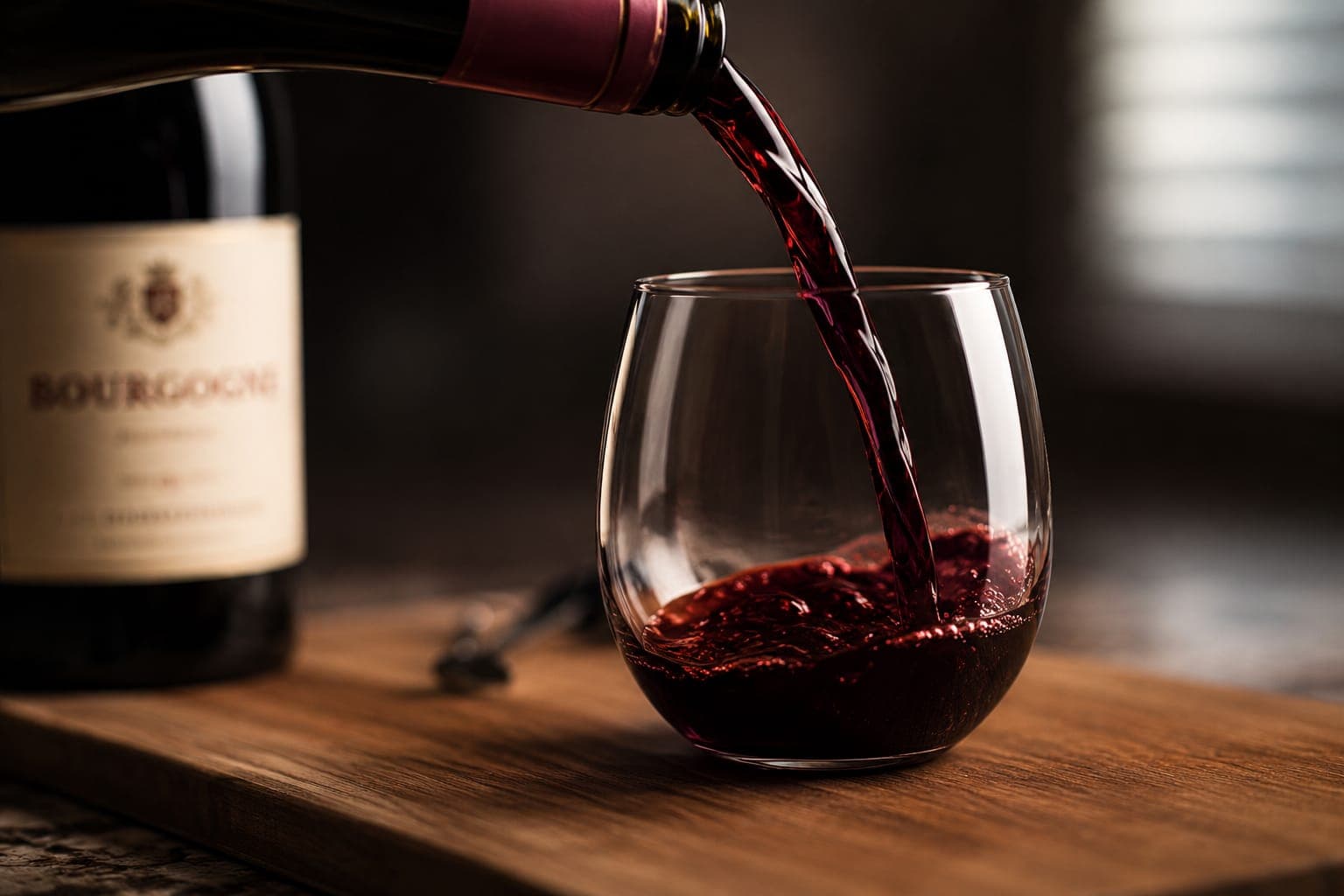 A glass of Burgundy being poured beside the bottle.